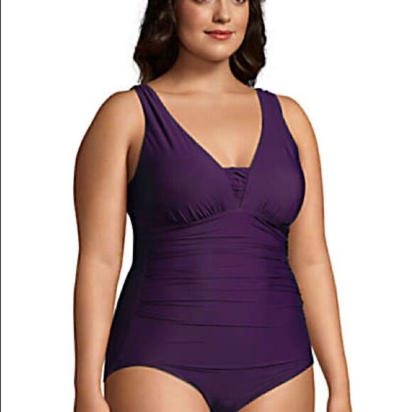 Land’s End Plus Standard Grecian Slenderize one piece soft cup Berry Various - Picture 2 of 4